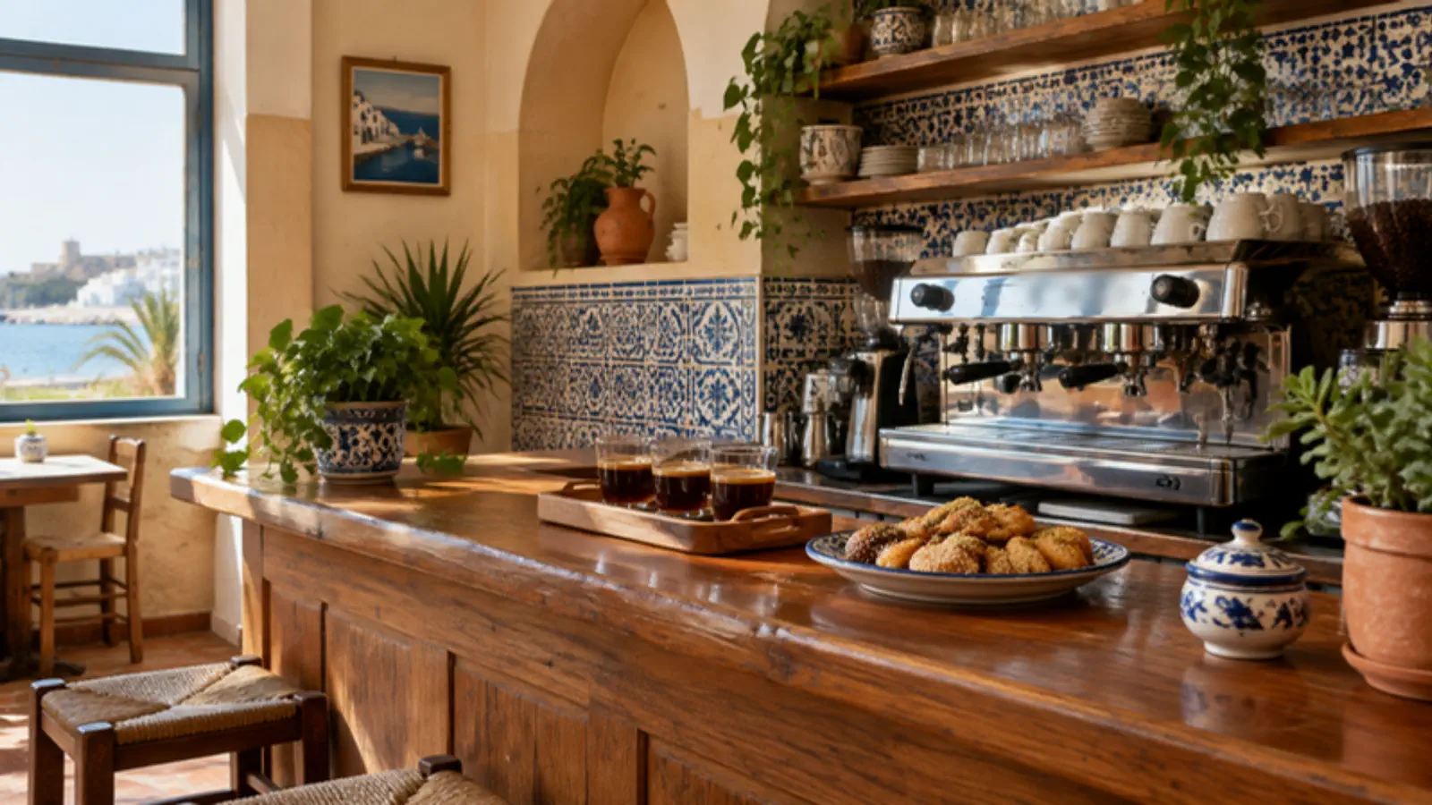 Comptoir en bois avec machine à café, verres de café et pâtisseries, carreaux bleus et blancs