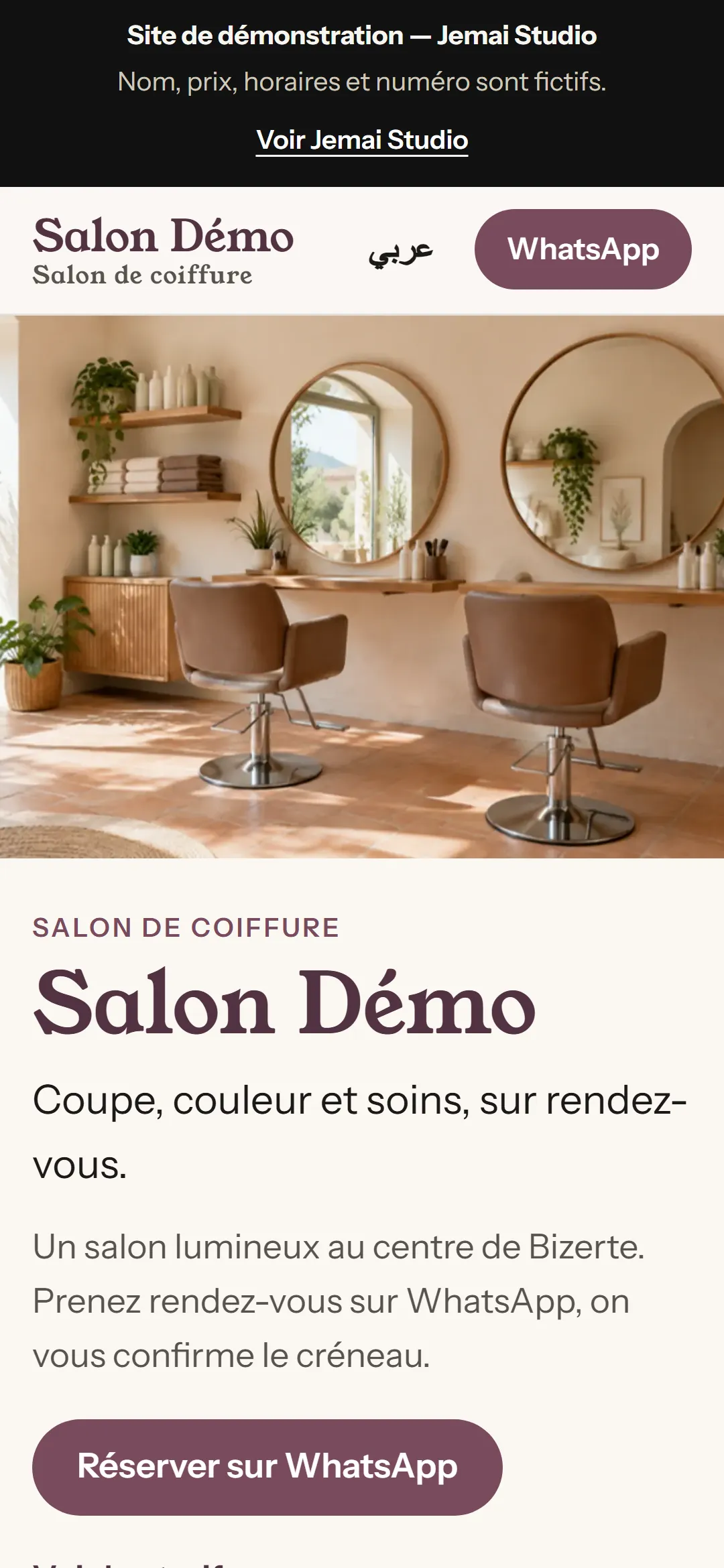 Salon Demo site on a phone (French)